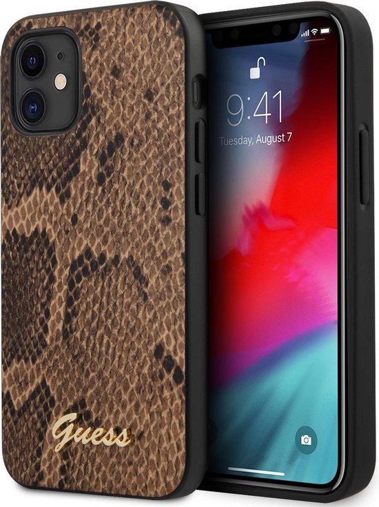 guess-hoesje-geschikt-voor-apple-iphone-12-mini-carbon-kunstleer-siliconen-tpu-back-cover-bruin